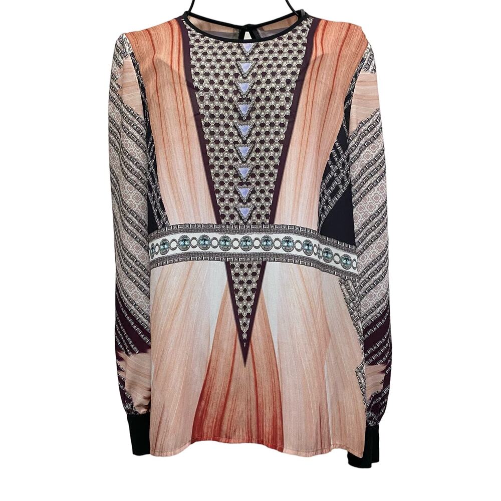 CLOVER CANYON Peach Black Abstract Pattern Print Top SIZE SMALL Button Back